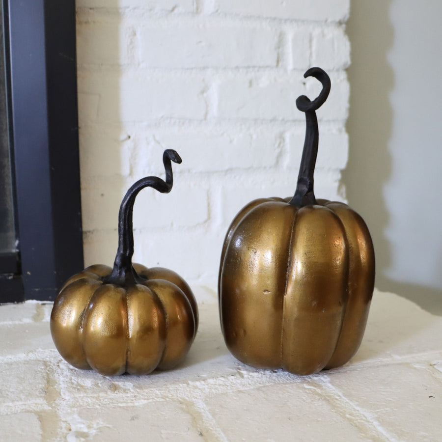 Two brass pumpkins with black stems on a stone surface.