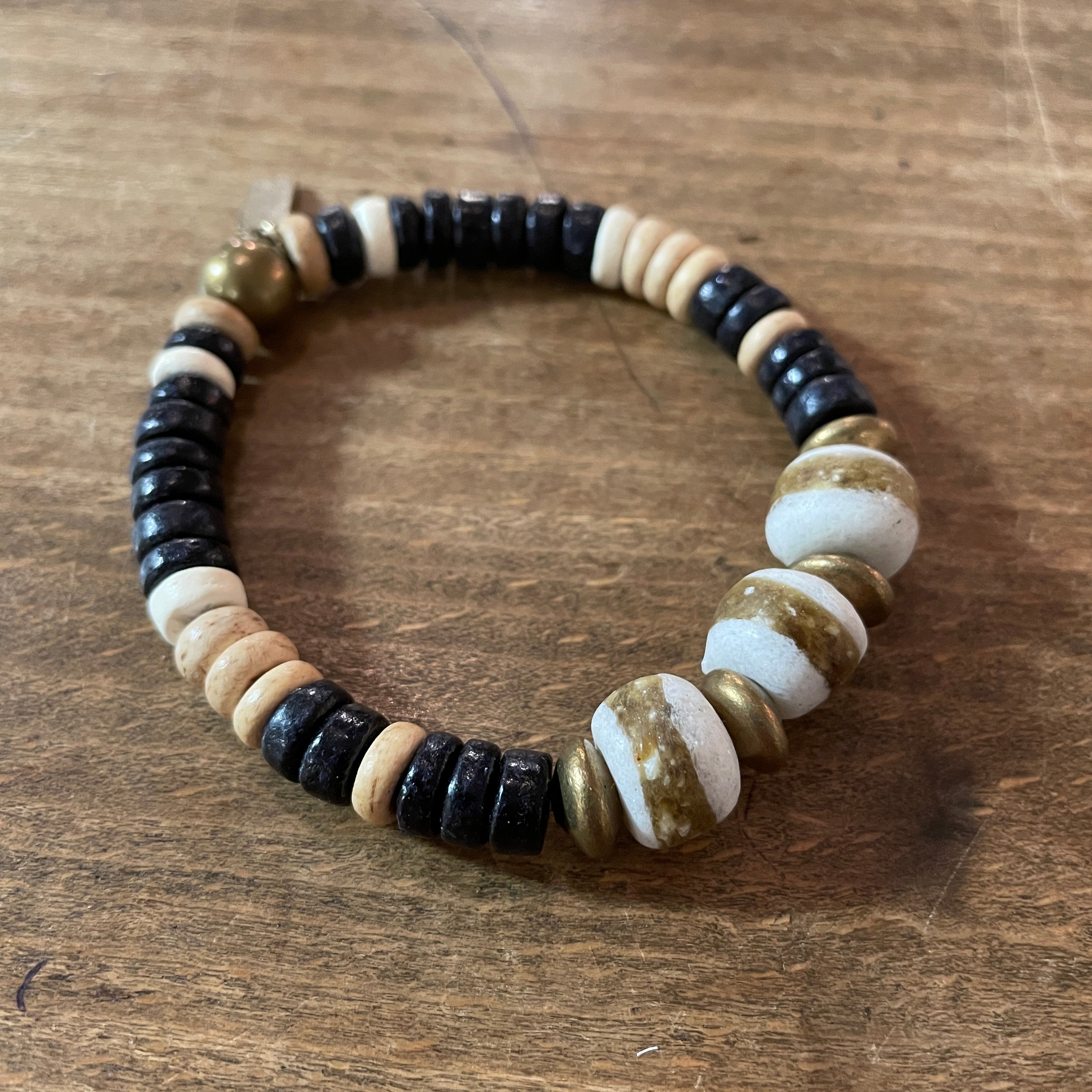 White Krobo Beads w/ Black Coconut Bracelet